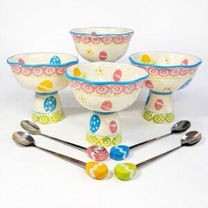 Temptations by Tara Egg Hunt Pedestal Dessert Bowls & Spoons Set of 4 Easter NEW